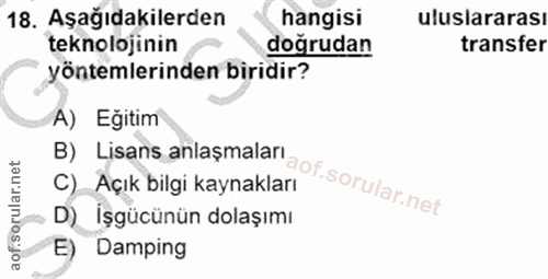 18. soru: Aşağıdakilerden hangisi uluslararası teknolojinin doğrudan transfer yöntemlerinden biridir? B) Lisans anlaşmalar aof.…