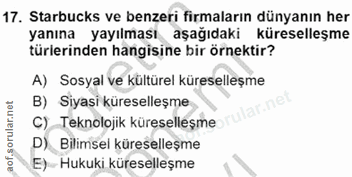 17. soru: Starbucks ve benzeri firmaların dünyanın her yanına yayılması aşağıdaki küreselleşme türlerinden hangisine bir örnekt…