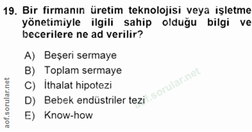 19. soru: Bir firmanın üretim teknolojisi veya işletme yönetimiyle ilgili sahip olduğu bilgi ve becerilere ne ad verilir? A) Be…
