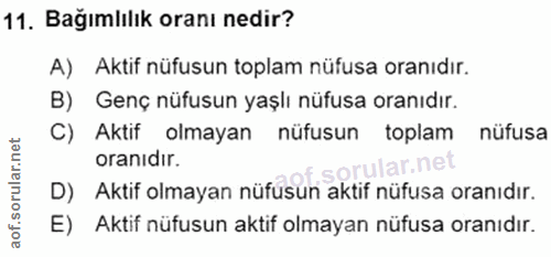 11. soru: Bağımlılık oranı nedir? A) Aktif nüfusun toplam nüfusa oranıdır. B) Genç nüfusun yaşlı nüfusa oranıdır. C) Aktif olma…