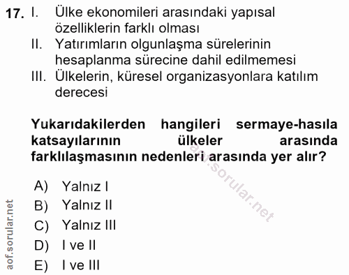 17. soru: 1. Ulke ekonomileri arasındaki yapısal özelliklerin farklı olması II. Yatırımların olgunlaşma sürelerinin hesaplanma…
