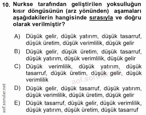 10. soru: Nurkse tarafından geliştirilen yoksulluğun kısır döngüsünün (arz yönünden) aşamaları aşağıdakilerin hangisinde sırası…