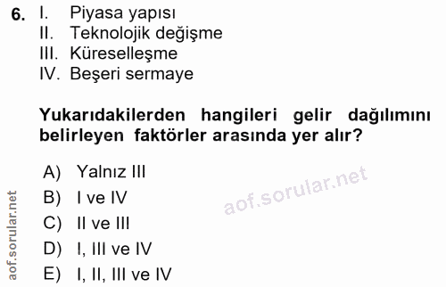 6. soru: I. Piyasa yapısı II. Teknolojik değişme III. Küreselleşme IV. Beşeri sermaye Yukarıdakilerden hangileri gelir dağılım…