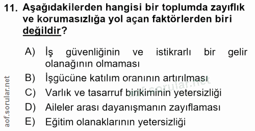 11. soru: Aşağıdakilerden hangisi bir toplumda zayıflık ve korumasızlığa yol açan faktörlerden biri değildir? A) Iş güvenliğini…