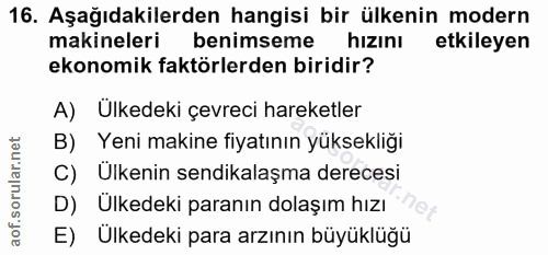 16. soru: Aşağıdakilerden hangisi bir ülkenin modern makineleri benimseme hizinı etkileyen ekonomik faktörlerden biridir? A) Ül…
