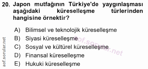 20. soru: Japon mutfağının Türkiye'de yaygınlaşması aşağıdaki küreselleşme türlerinden hangisine örnektir? A) Bilimsel ve tekno…