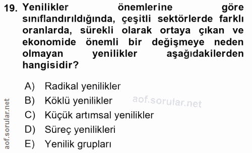 19. soru: Yenilikler önemlerine göre Sınıflandırıldığında, çeşitli sektörlerde farklı oranlarda, sürekli olarak ortaya çıkan ve…