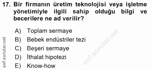 17. soru: Bir firmanın üretim teknolojisi veya işletme yönetimiyle ilgili sahip olduğu bilgi ve becerilere ne ad verilir? A) To…
