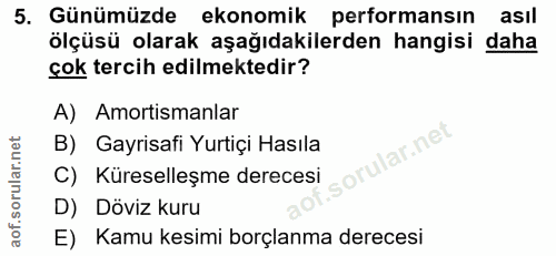 5. soru: Günümüzde ekonomik performansin asıl ölçüsü olarak aşağıdakilerden hangisi daha çok tercih edilmektedir? A) Amortisma…