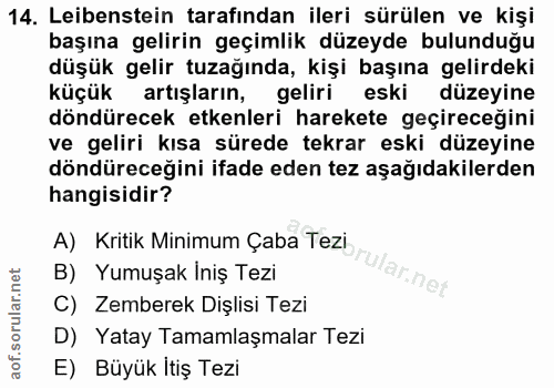 14. soru: Leibenstein tarafından ileri sürülen ve kişi başına gelirin geçimlik düzeyde bulunduğu düşük gelir tuzağında, kişi ba…