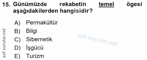 15. soru: Günümüzde rekabetin temel ögesi aşağıdakilerden hangisidir? A) Permakültür B) Bilgi C) Sibernetik D) İşgücü E) Turizm