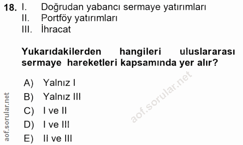 18. soru: 1. Doğrudan yabancı sermaye yatırımları Il. Portföy yatırımları IlI. Ihracat Yukarıdakilerden hangileri uluslararası…