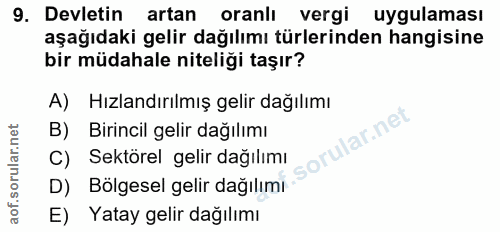 9. soru: Devletin artan oranll vergi uygulaması aşağıdaki gelir dağılımı türlerinden hangisine bir müdahale niteliği taşır? A)…
