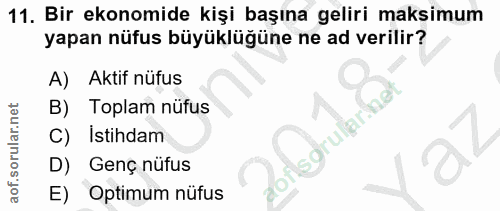 11. soru: Bir ekonomide kişi başına geliri maksimum yapan nüfus büyüklüğüne ne ad verilir? A) Aktif nüfus B) Toplam nüfus İstih…
