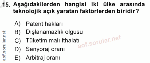 15. soru: Aşağıdakilerden hangisi iki ülke arasında teknolojik açık yaratan faktörlerden biridir? A) Patent hakları B) Dışlanam…