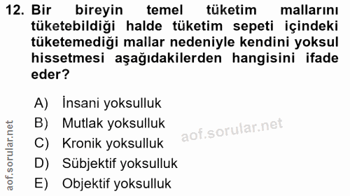 12. soru: Bir bireyin temel tüketim mallarını tüketebildiği halde tüketim sepeti içindeki tüketemediği mallar nedeniyle kendini…