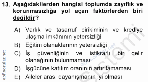 13. soru: Aşağıdakilerden hangisi toplumda zayıflık ve korunmasızlığa yol açan faktörlerden biri değildir? A) Varlık ve tasarru…