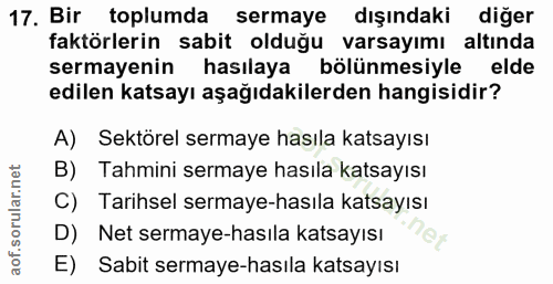 17. soru: Bir toplumda sermaye dışındaki diğer faktörlerin sabit olduğu varsayımı altında sermayenin hasılaya bölünmesiyle elde…