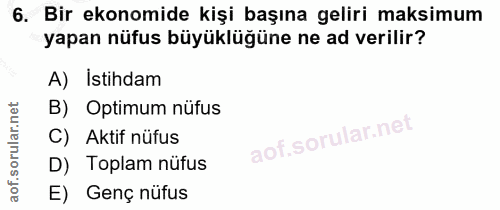 6. soru: Bir ekonomide kişi başına geliri maksimum yapan nüfus büyüklügüne ne ad verilir? A) Istihdam B) Optimum nüfus C) Akti…