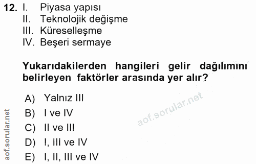12. soru: 1. Piyasa yapısı Il. Teknolojik değişme III. Küreselleşme IV. Beşeri sermaye Yukarıdakilerden hangileri gelir dağılım…