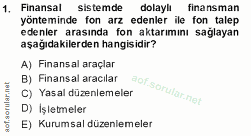 1. soru: Finansal sistemde dolaylı finansman yönteminde fon arz edenler ile fon talep edenler arasında fon aktarımını sağlayan…