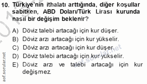10. soru: Türkiye'nin ithalatı arttığında, diğer koşullar sabitken, ABD Doları/Türk Lirası kurunda nasıl bir degişim beklenir?…