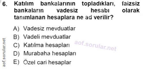 6. soru: Katılım bankalarının topladıkları, faizsiz bankaların vadesiz hesabı olarak tanımlanan hesaplara ne ad verilir? A) Va…