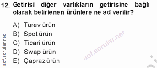 12. soru: Getirisi diğer varlıkların getirisine bağlı olarak belirlenen ürünlere ne ad verilir? A) Türev ürün B) Spot ürün C) T…