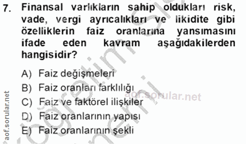 7. soru: Finansal varlıkların sahip oldukları risk, vade, vergi ayrıcalıkları ve likidite gibi ozeliklerin taız oranlarına yan…