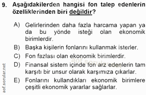 9. soru: Aşağıdakilerden hangisi fon talep edenlerin özelliklerinden biri değildir? A) Gelirlerinden daha fazla harcama yapan…