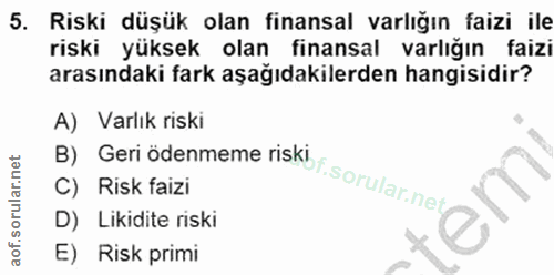 5. soru: Riski düşük olan finansal varlığın faizi ile riski yüksek olan finansal varlığın faizi arasındaki fark aşağıdakilerde…
