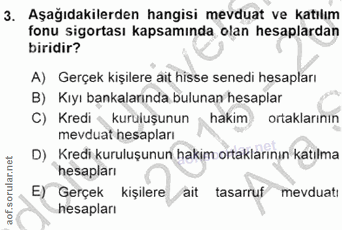 3. soru: Aşağıdakilerden hangisi mevduat ve katılım fonu sigortası kapsamında olan hesaplardan biridir? A) Gerçek kişilere ait…