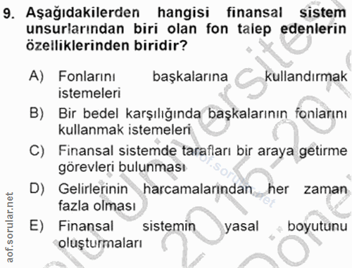 9. soru: Aşağıdakilerden hangisi finansal sistem unsurlarından biri olan fon talep edenlerin özelliklerinden biridir? A) Fonla…