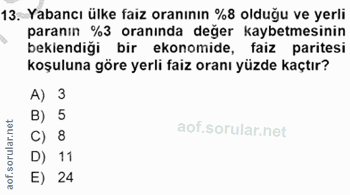 13. soru: Yabancı ülke faiz oranının %8 olduğu ve yerli paranın %3 oranında değer kaybetmesinin beklendiği bir ekonomide, faiz…