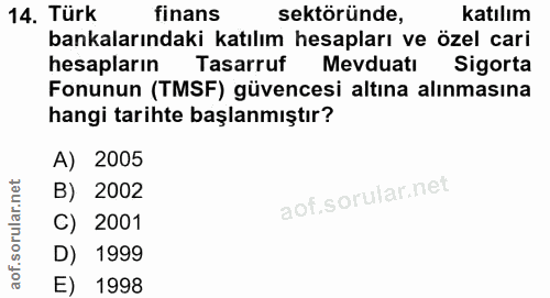 14. soru: Türk finans sektöründe, katılım bankalarındaki katılım hesapları ve özel cari hesapların Tasarruf Mevduatı Sigorta Fo…