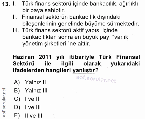 13. soru: I. Türk finans sektörü içinde bankacılık, ağırlıklı bir paya sahiptir. II. Finansal sektörün bankacılık dışındaki bil…