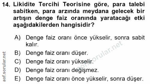 14. soru: Likidite Tercihi Teorisine göre, para talebi sabitken, para arzında meydana gelecek bir artışın denge faiz oranında y…