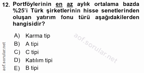 12. soru: Portföylerinin en az aylık ortalama bazda %25'i Türk şirketlerinin hisse senetlerinden oluşan yatırım fonu türü aşağı…