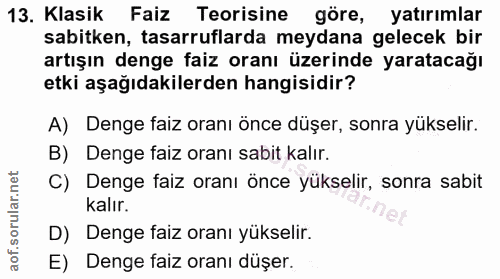 13. soru: Klasik Faiz Teorisine göre, yatırımlar sabitken, tasarruflarda meydana gelecek bir artışın denge faiz oranı üzerinde…