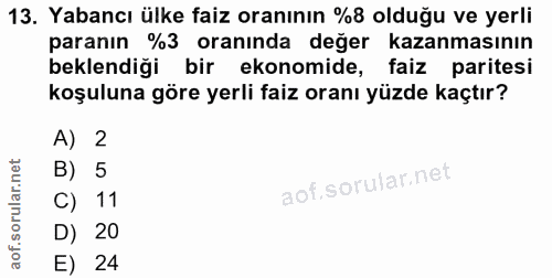 13. soru: Yabancı ülke faiz oranının %8 olduğu ve yerli paranın %3 oranında değer kazanmasının beklendiği bir ekonomide, faiz p…