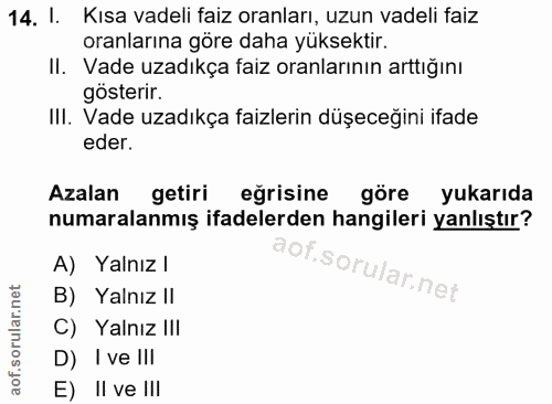 14. soru: I. Kısa vadeli faiz oranları, uzun vadeli faiz oranlarına göre daha yüksektir. II. Vade uzadıkça faiz oranlarının art…