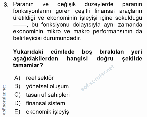 3. soru: Paranın ve değişik düzeylerde paranın fonksiyonlarını gören çeşitli finansal araçların üretildiği ve ekonominin işley…