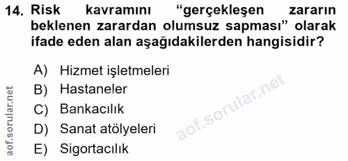 14. soru: Risk kavramını "gerçekleşen zararın beklenen zarardan olumsuz sapması" olarak ifade eden alan aşağıdakilerden hangisi…