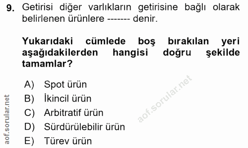 9. soru: Getirisi diğer varlıkların getirisine bağlı olarak belirlenen urünlere — -- denir. Yukarıdaki cümlede boş bırakılan y…