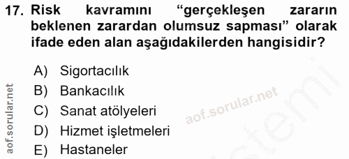 17. soru: Risk kavramını "gerçekleşen zararın beklenen zarardan olumsuz sapması" olarak ifade eden alan aşağıdakilerden hangisi…