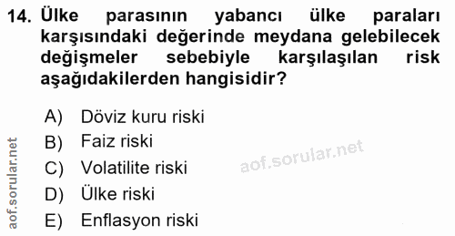 14. soru: Ülke parasının yabancı ülke paraları karşısındaki değerinde meydana gelebilecek değişmeler sebebiyle karşılaşılan ris…