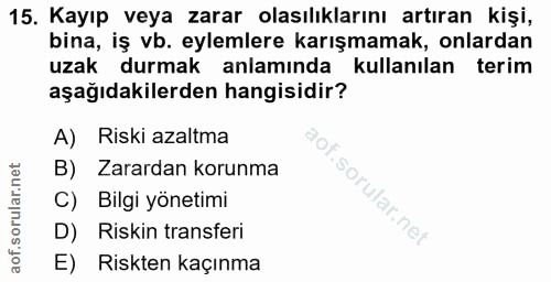 15. soru: Kayıp veya zarar olasılıklarını artıran kişi, bina, iş vb. eylemlere karışmamak, onlardan uzak durmak anlamında kulla…