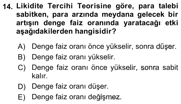 14. soru: Likidite Tercihi Teorisine göre, para talebi sabitken, para arzında meydana gelecek bir artışın denge faiz oranında y…