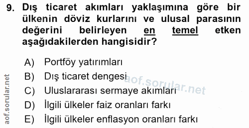 9. soru: Dış ticaret akımları yaklaşımına göre bir ülkenin döviz kurlarını ve ulusal parasının değerini belirleyen en temel et…