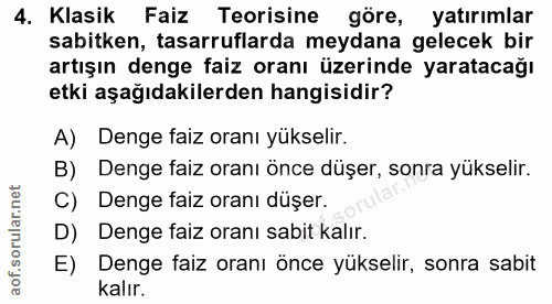 4. soru: Klasik Faiz Teorisine göre, yatırımlar sabitken, tasarruflarda meydana gelecek bir artışın denge faiz oranı üzerinde…